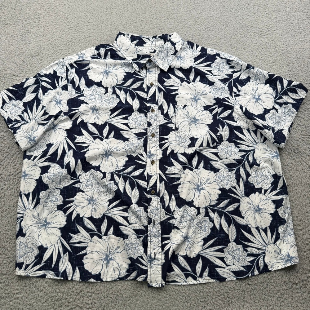 Oak Hill Button Front Shirt Mens 2XL Navy Blue Hibiscus Floral Short Sleeve